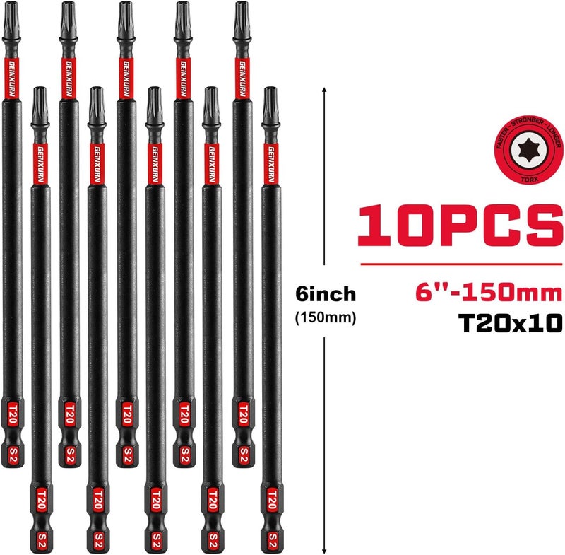 GEINXURN Impact Tough #20 Torx 6 in. Insert Driver Bits,10Pack Magnetic T20 Power Bits, S2 Alloy Steel T20 Screwdriver Bits Set Bulk - Image 2